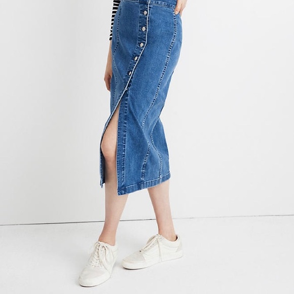 stretchy denim midi skirt